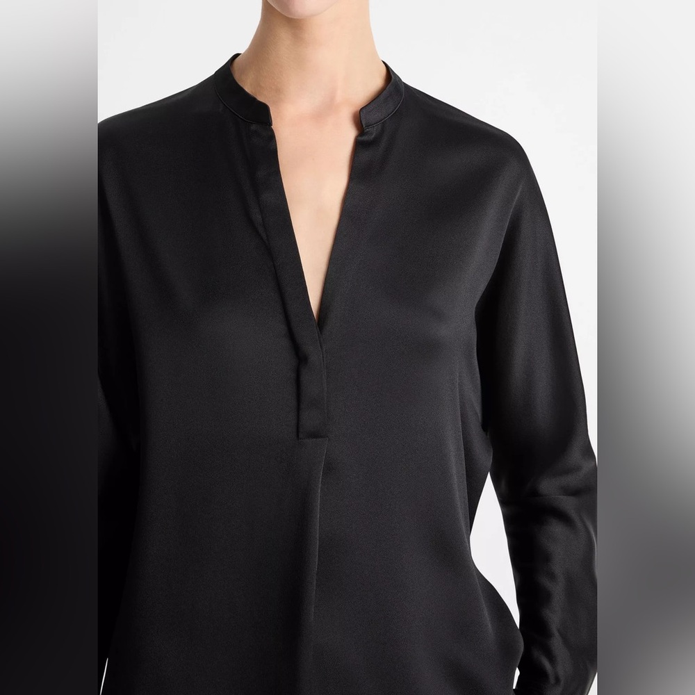 Vince Black Silk Popover Band Collar Blouse